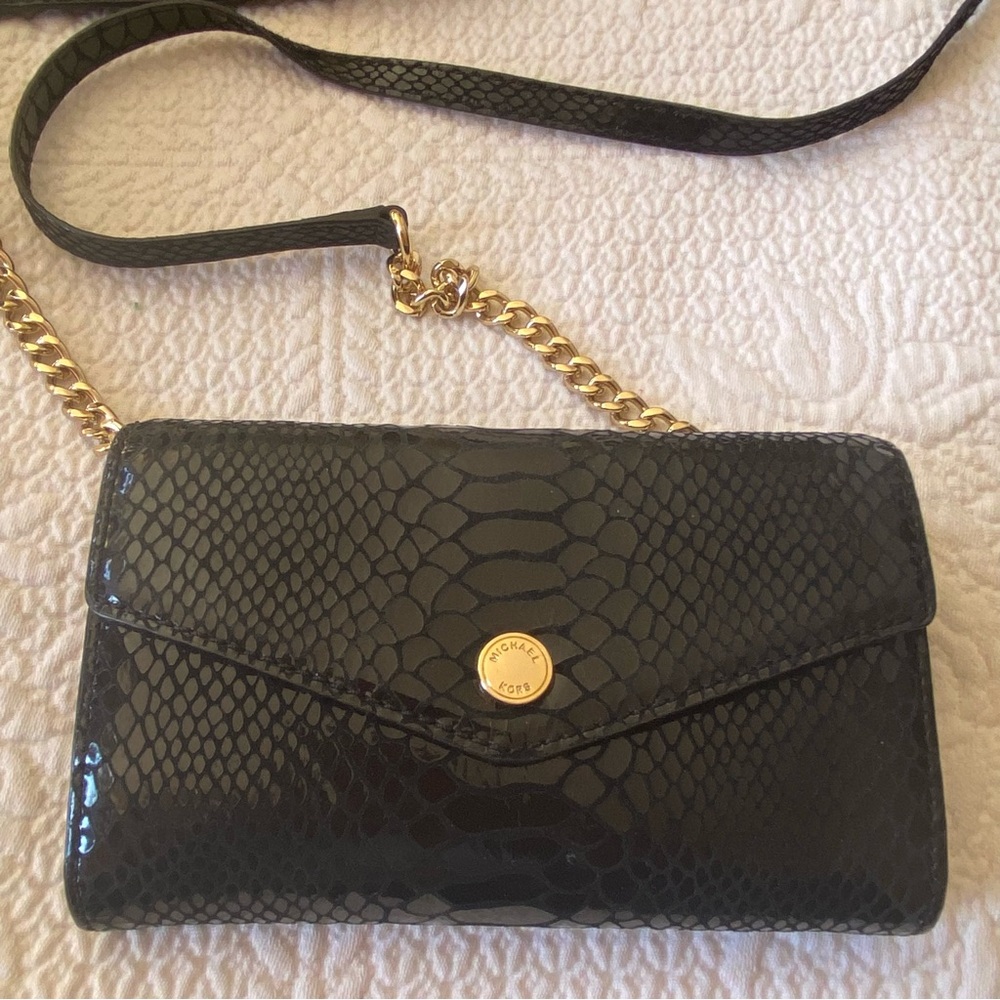 Michael Kors black wallet faux snake on chain and crossbody strap. Like new